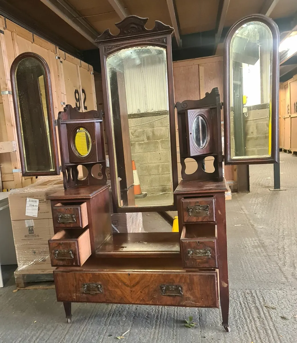 Antique Wooden Dressing Table with Triple Mirror - Image 1