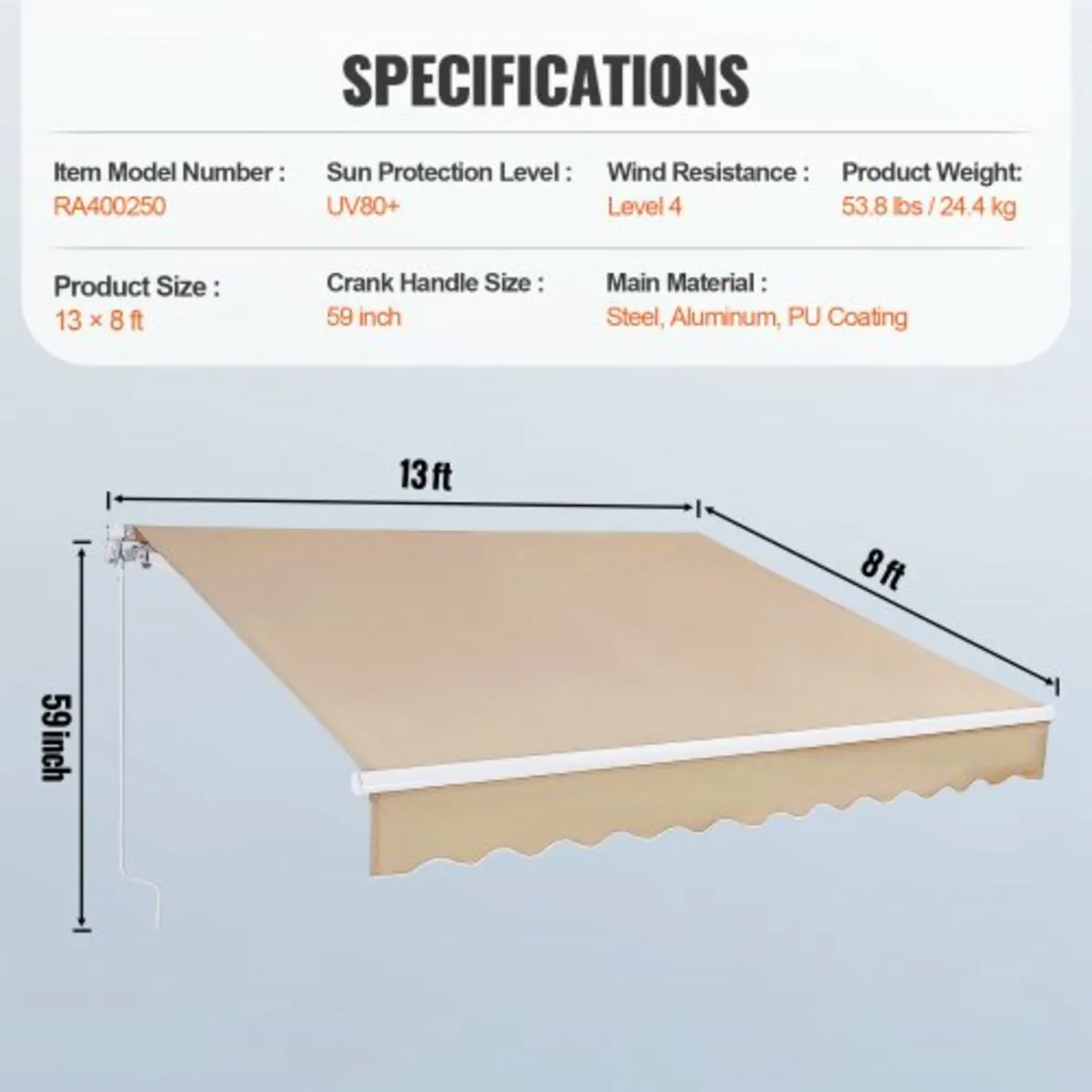 Manual Retractable Awning, 13 x 8 ft Outdoor Patio - Image 2