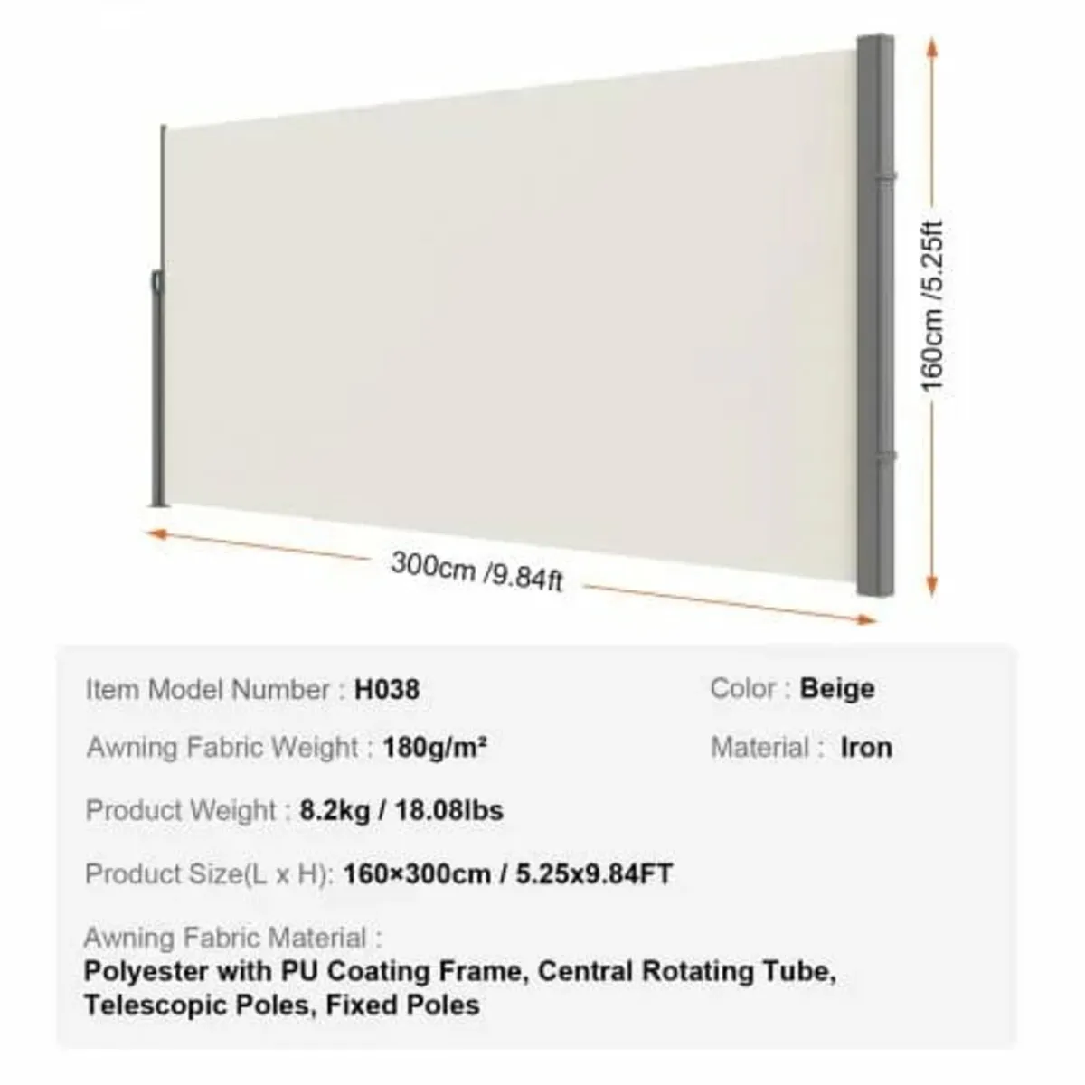 Retractable Side Awning, 63''x 118'' Outdoor Priva - Image 2