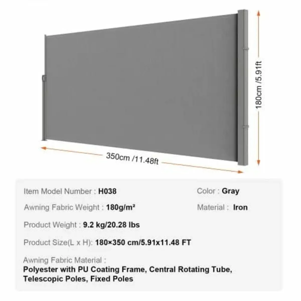 Retractable Side Awning, 71''x 138'' Outdoor Priva - Image 2