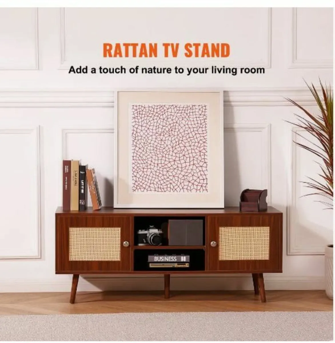 Rattan TV Stand, Boho TV Cabinet for 55 - Image 2