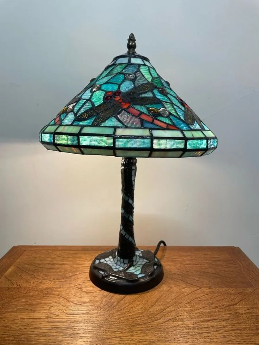 Tiffany Style Blue Mosaic Lamp with Dragonfly Motif - Image 1
