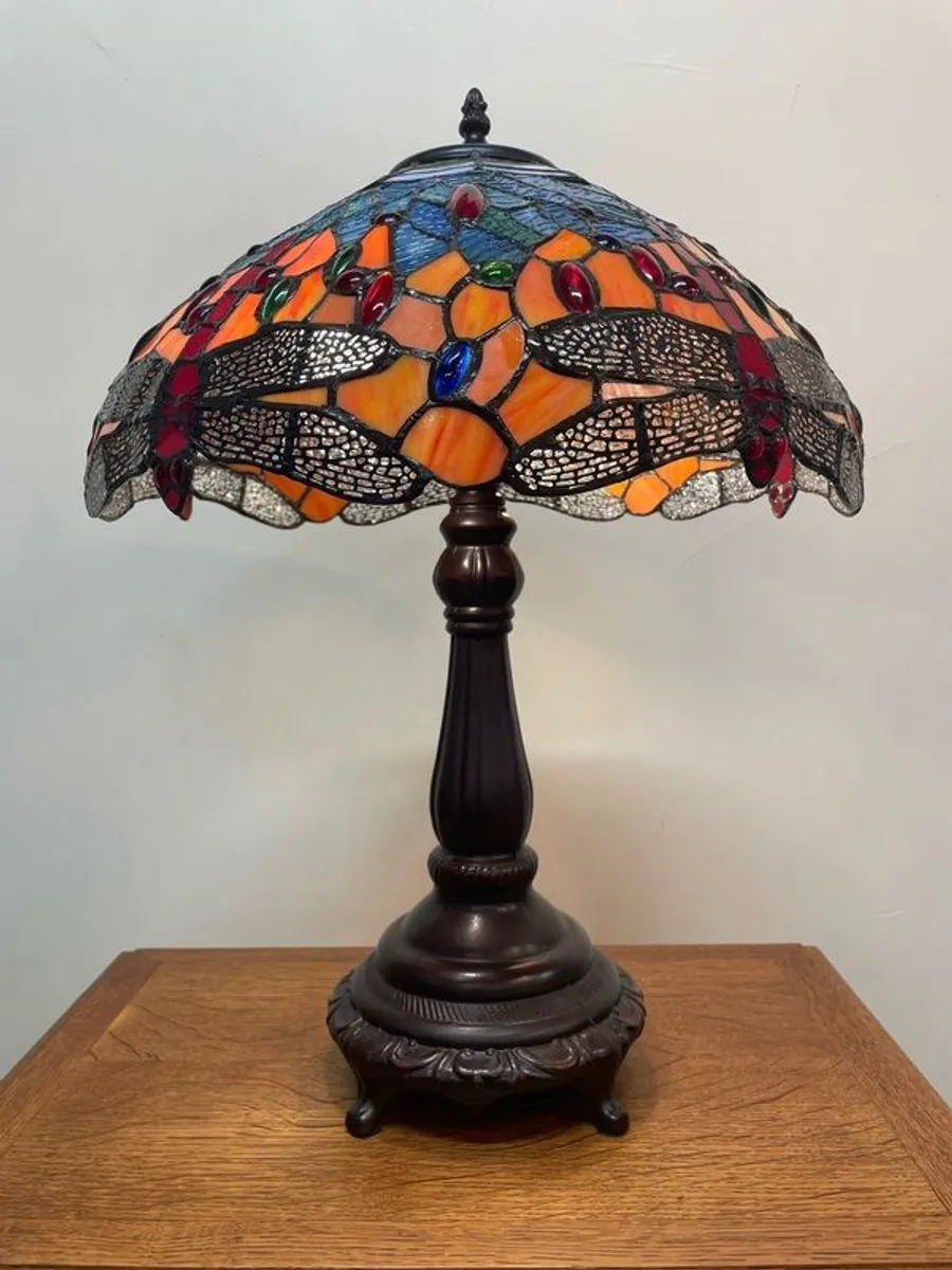 Decorative Tiffany Style Lamp w. Orange Dragonfly Stained Glass Shade - Image 1