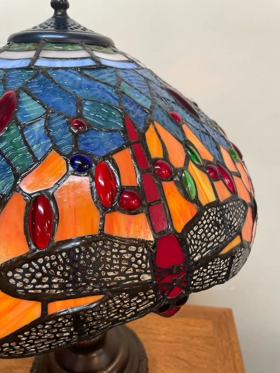 Decorative Tiffany Style Lamp w. Orange Dragonfly Stained Glass Shade - Image 2