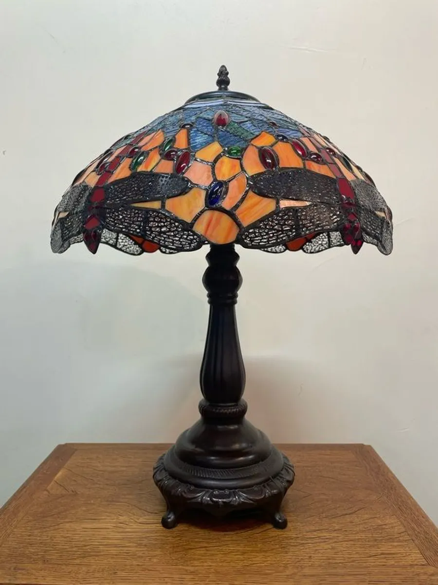 Decorative Tiffany Style Lamp w. Orange Dragonfly Stained Glass Shade - Image 4