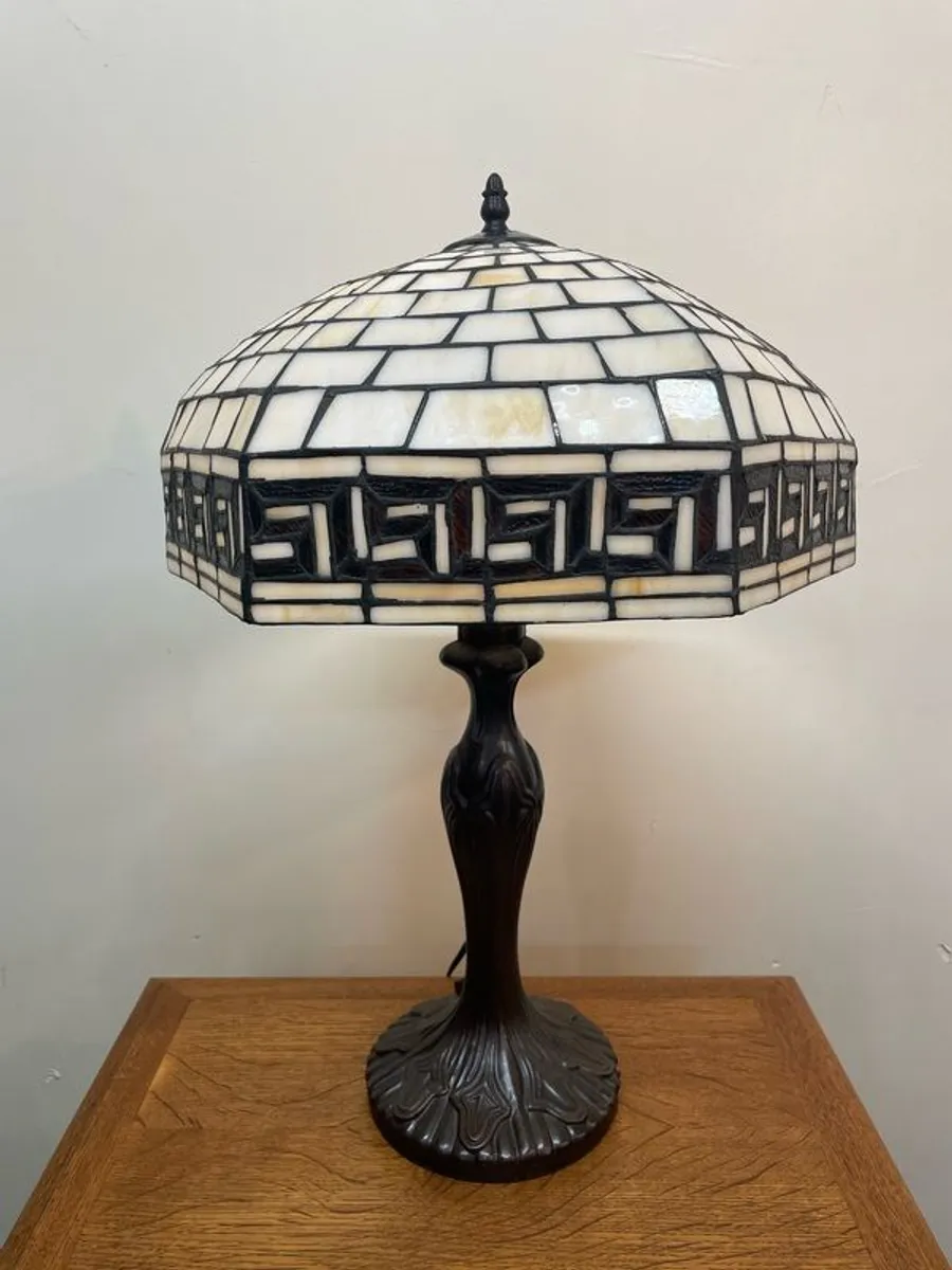 Tiffany Style Mosaic Lamp with Coral Shade - Image 1