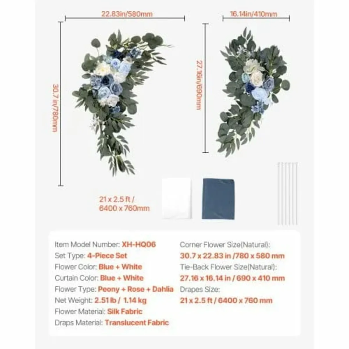 Artificial Wedding Arch Flowers Kit Blue With 2 Pc - Image 3