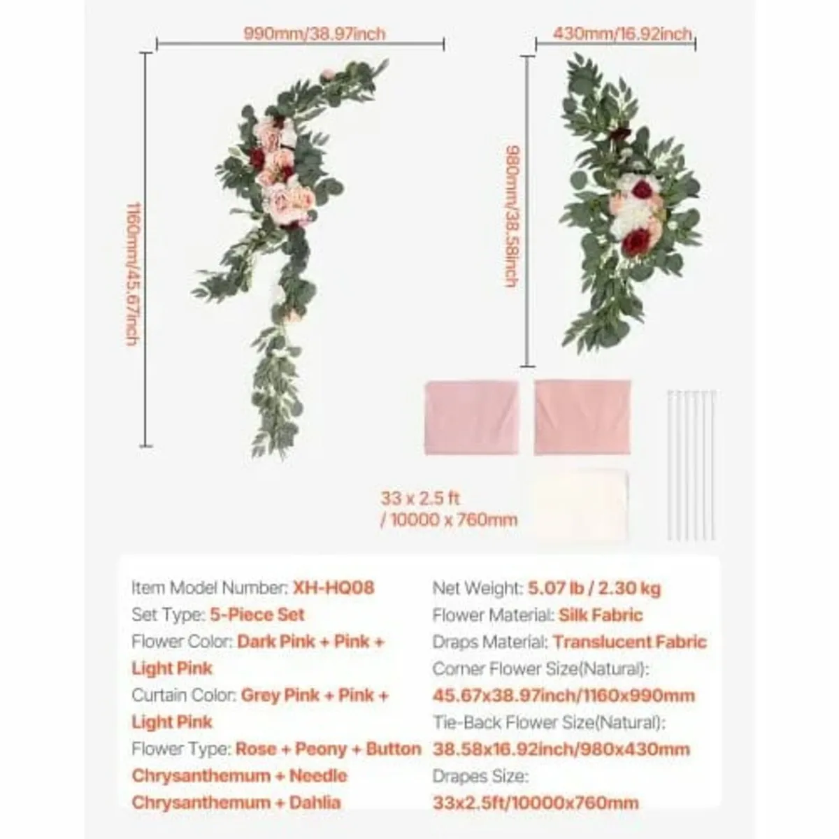 Artificial Wedding Arch Flowers Kit Pink With 2 Pc - Image 4