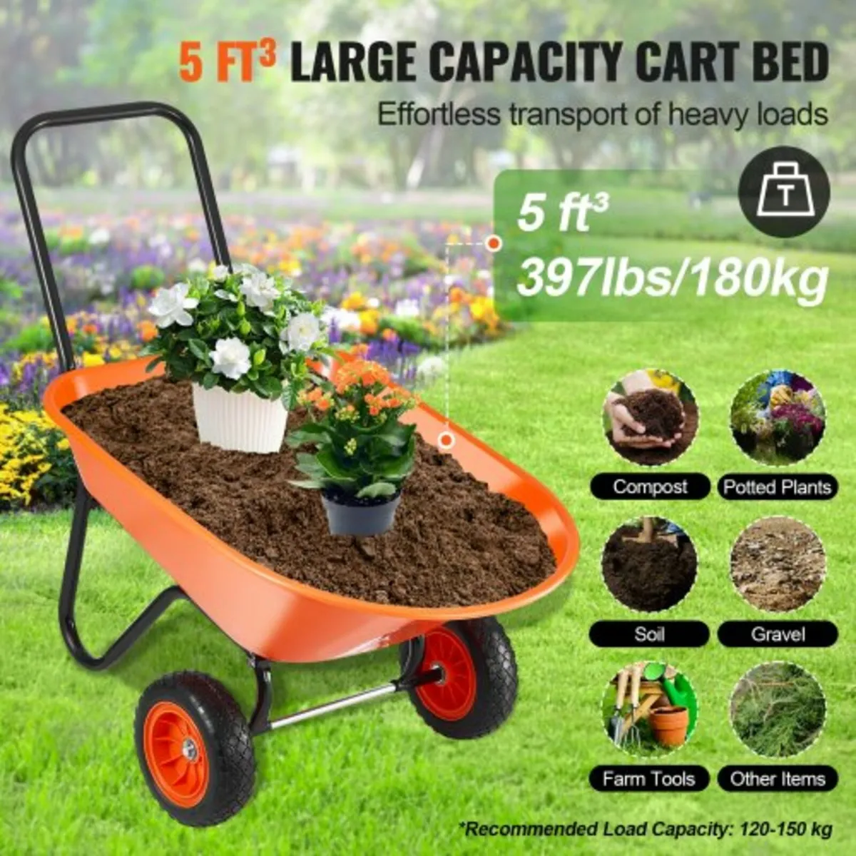 Wheelbarrow Cart 2 Wheels Garden Dump Cart 397 lbs - Image 2