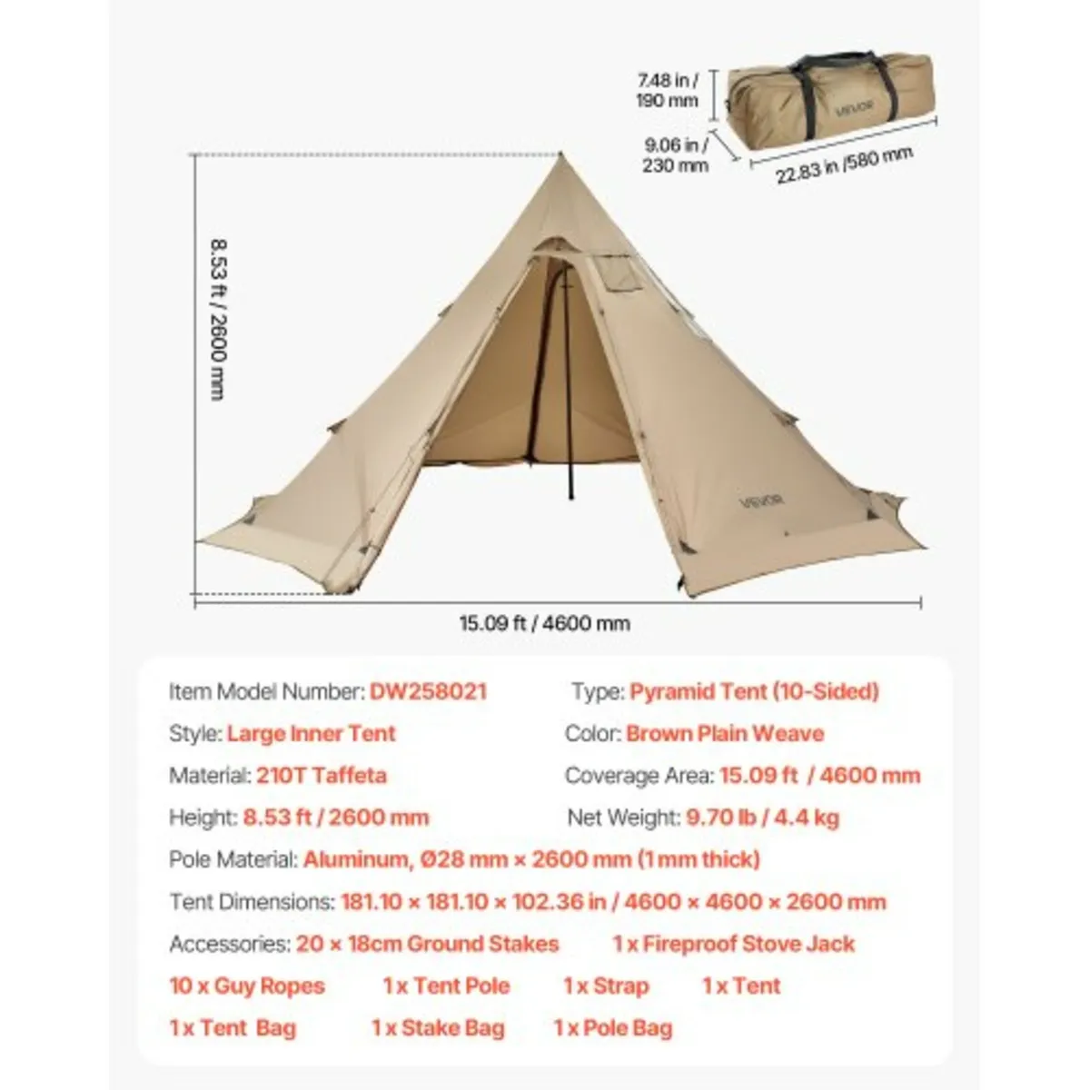Tipi Hot Tent with Stove Jack Waterproof Portable - Image 3