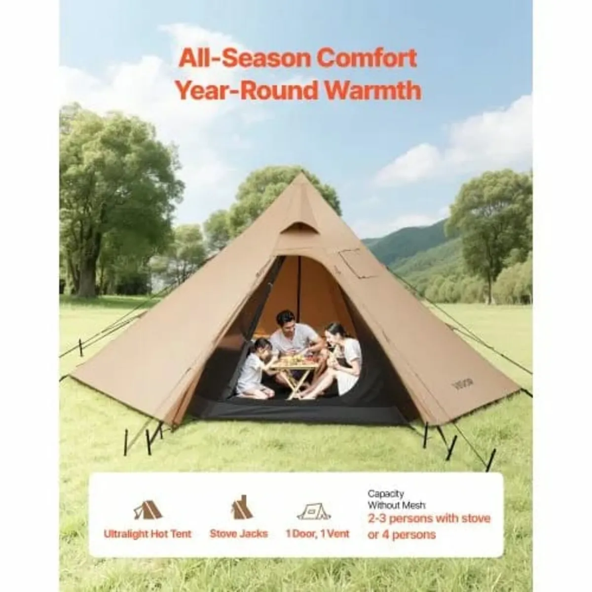 Camping Tipi Hot Tent with Stove Jack & Inner Tent - Image 2