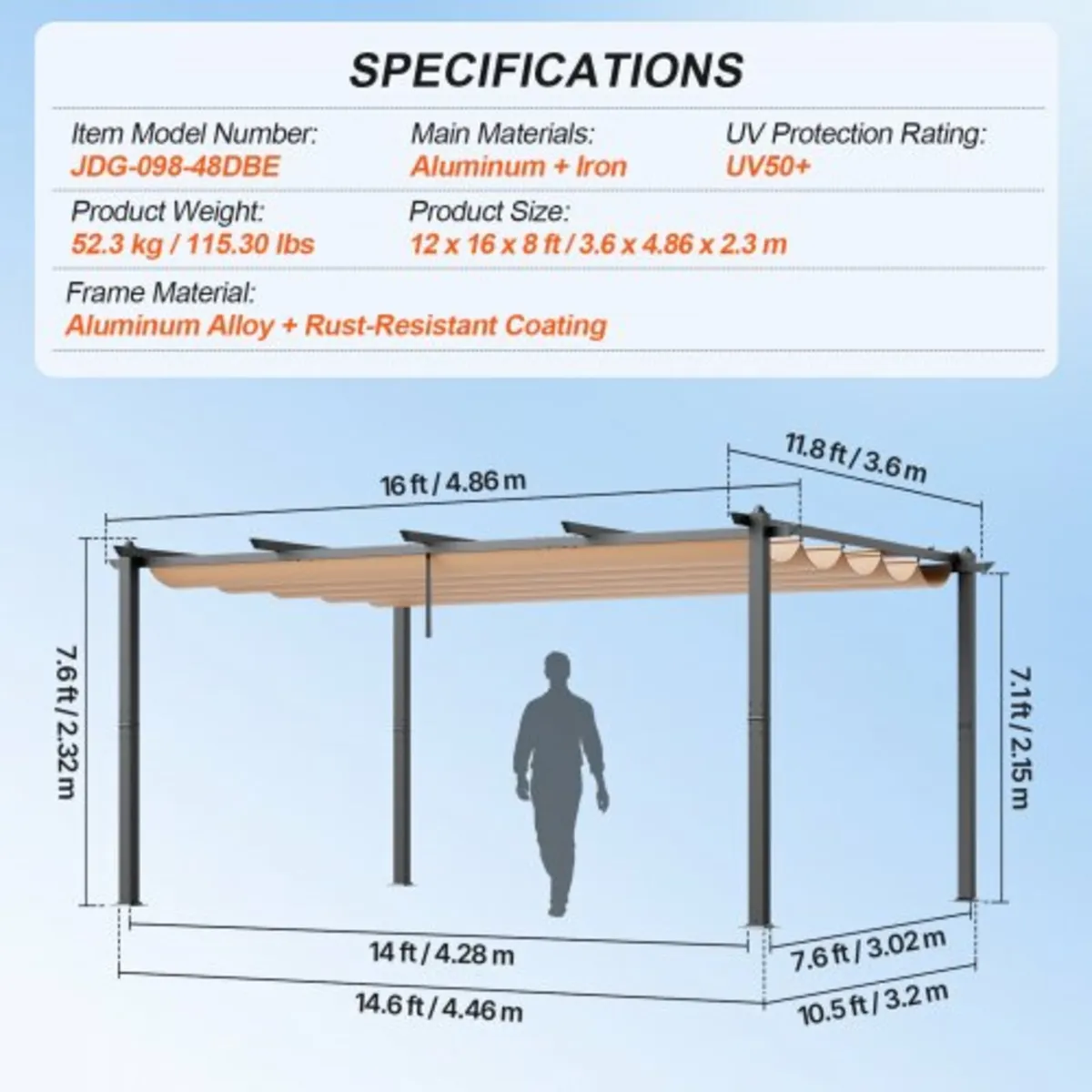 12'x16' Outdoor Retractable Pergola with Sun Shade - Image 3