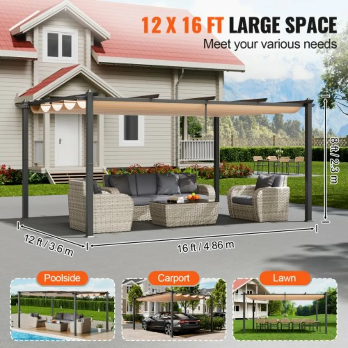 12'x16' Outdoor Retractable Pergola with Sun Shade - Image 4