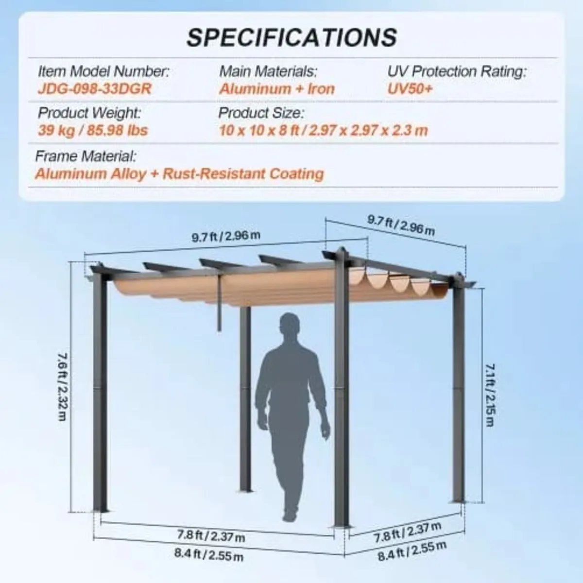 10'x10' Outdoor Retractable Pergola with Sun Shade - Image 3