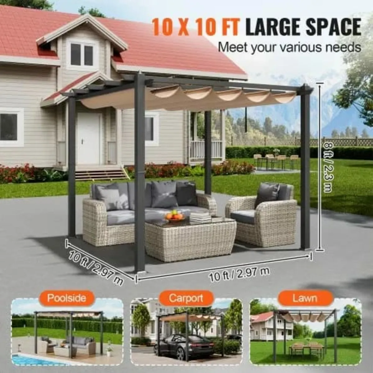 10'x10' Outdoor Retractable Pergola with Sun Shade - Image 4