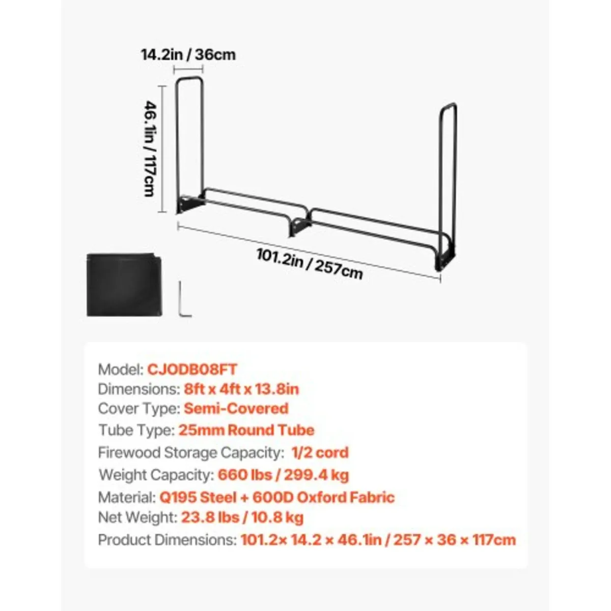 2.4m Outdoor Firewood Rack with Cover, 244 cm x 36 - Image 2