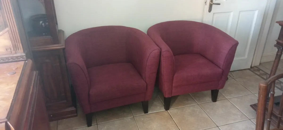 Pair Quality Beech Framed Tub Chairs, Burgandy - Image 1