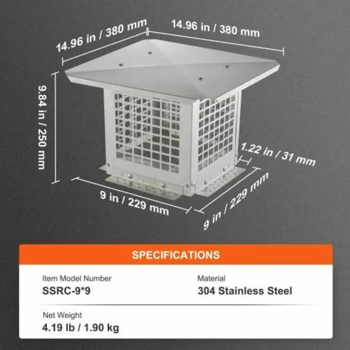 Chimney Cap 228.6 x 228.6mm, 304 Stainless Steel F - Image 3