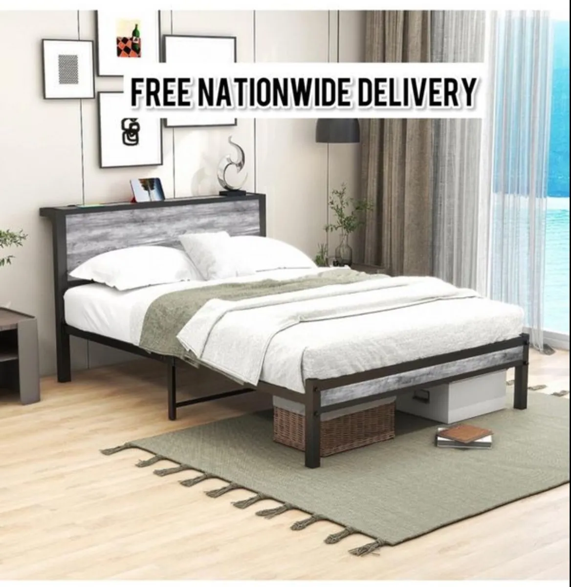 Double Bed Metal Platform Bed Frame with Wood Head