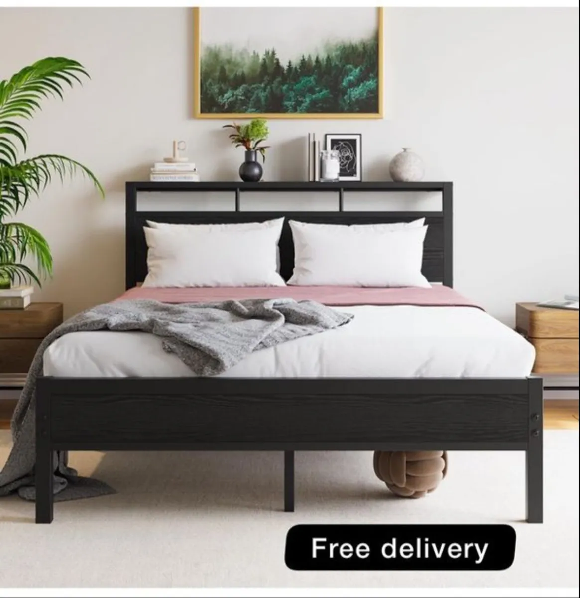 Double Bed Frame with Wooden Storage Headboard