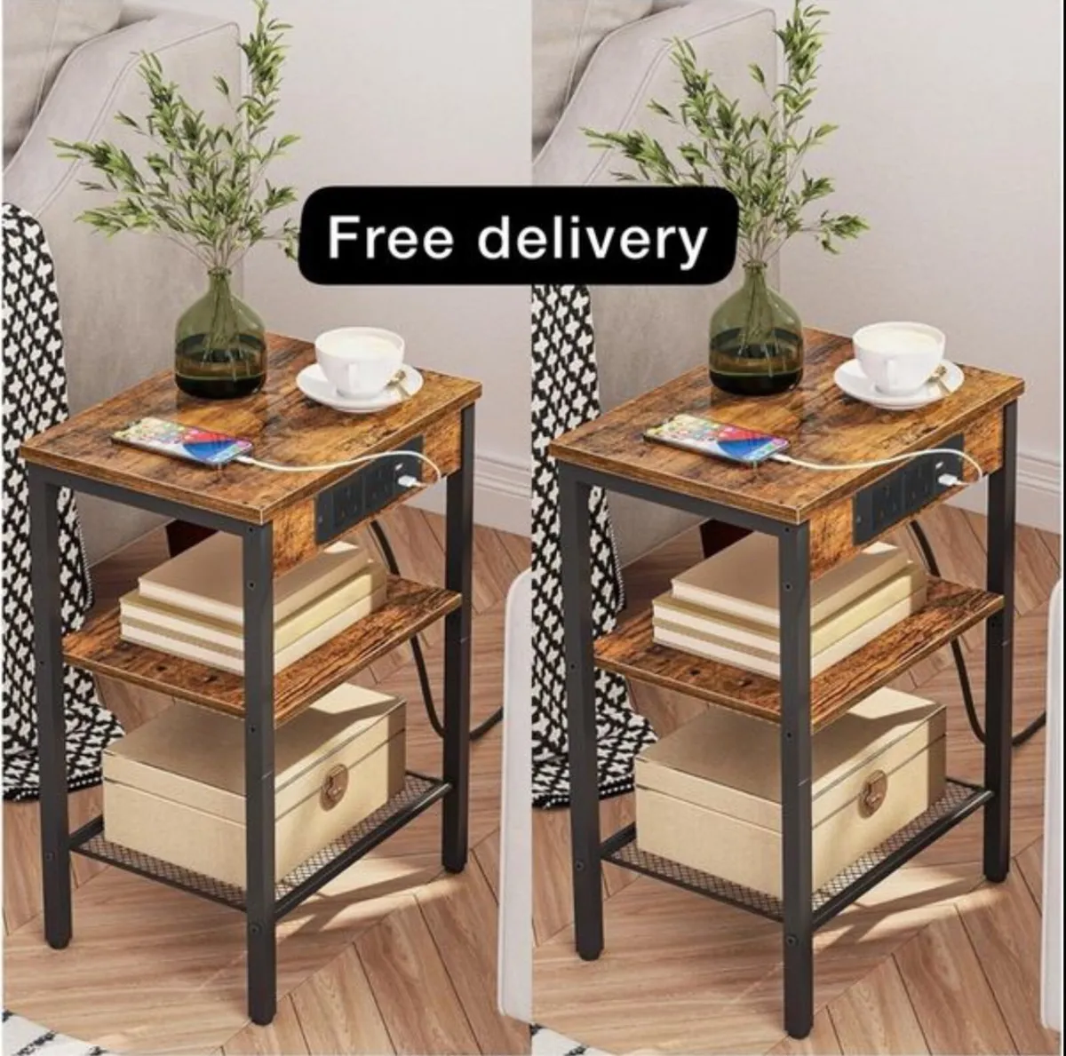 2 Bedside Tables, Side Table with Charging Station