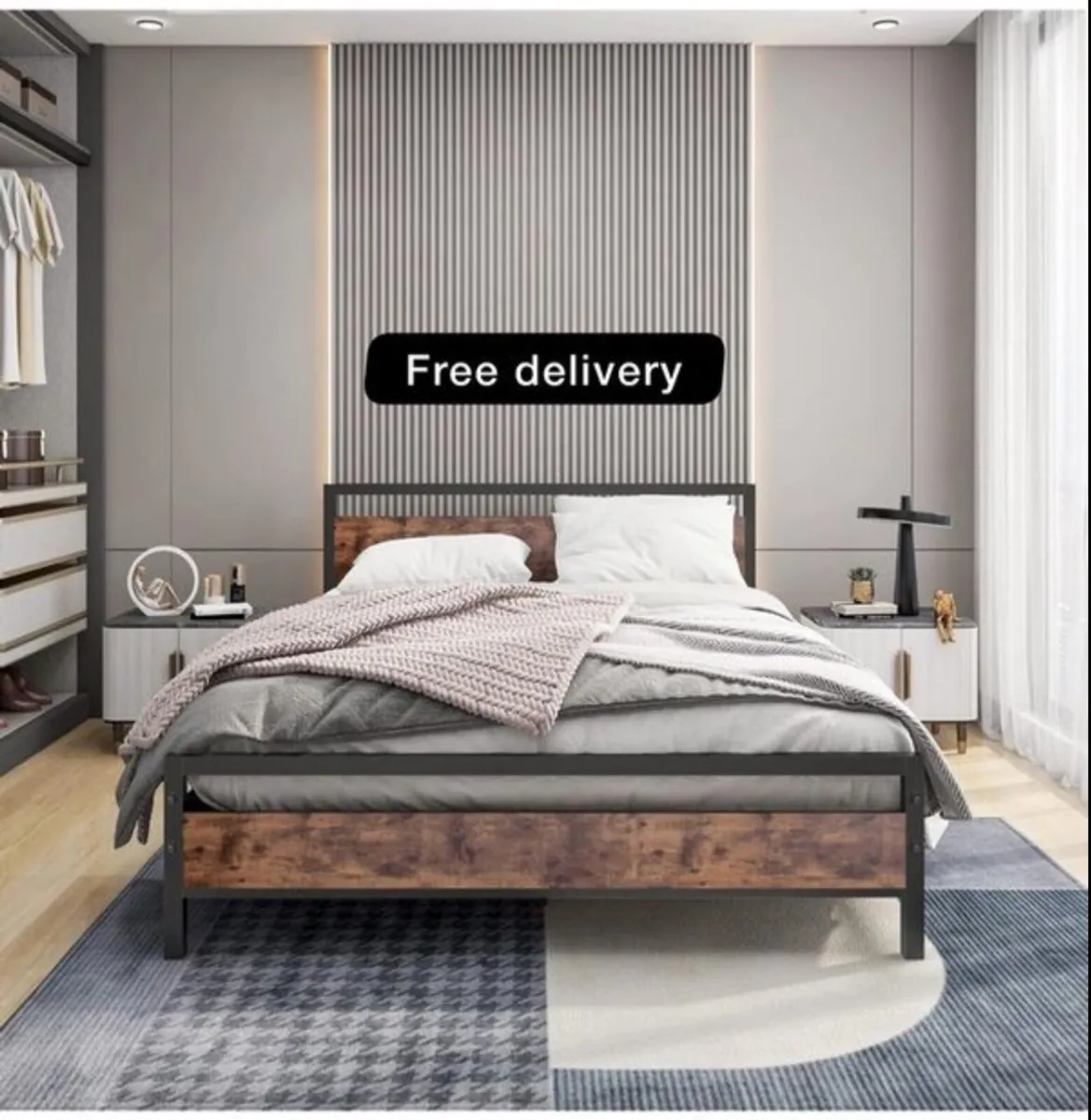 King Size Bed Frame with Wood Headboard