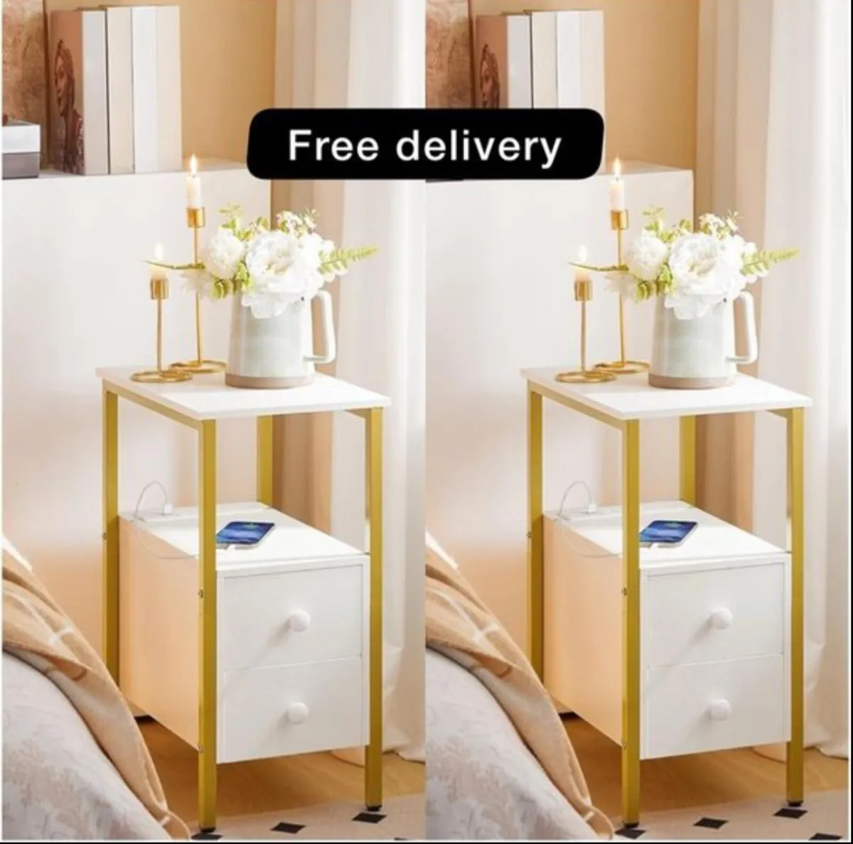 2 Side Tables, Narrow Bedside Table with Charging