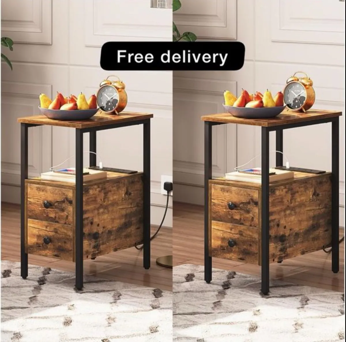 2 Side Tables, Narrow Bedside Rustic Brown