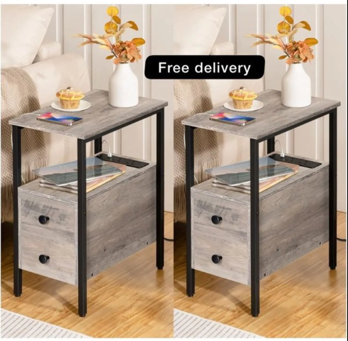 2 Side Tables, Narrow Bedside Rustic Greige and Bl