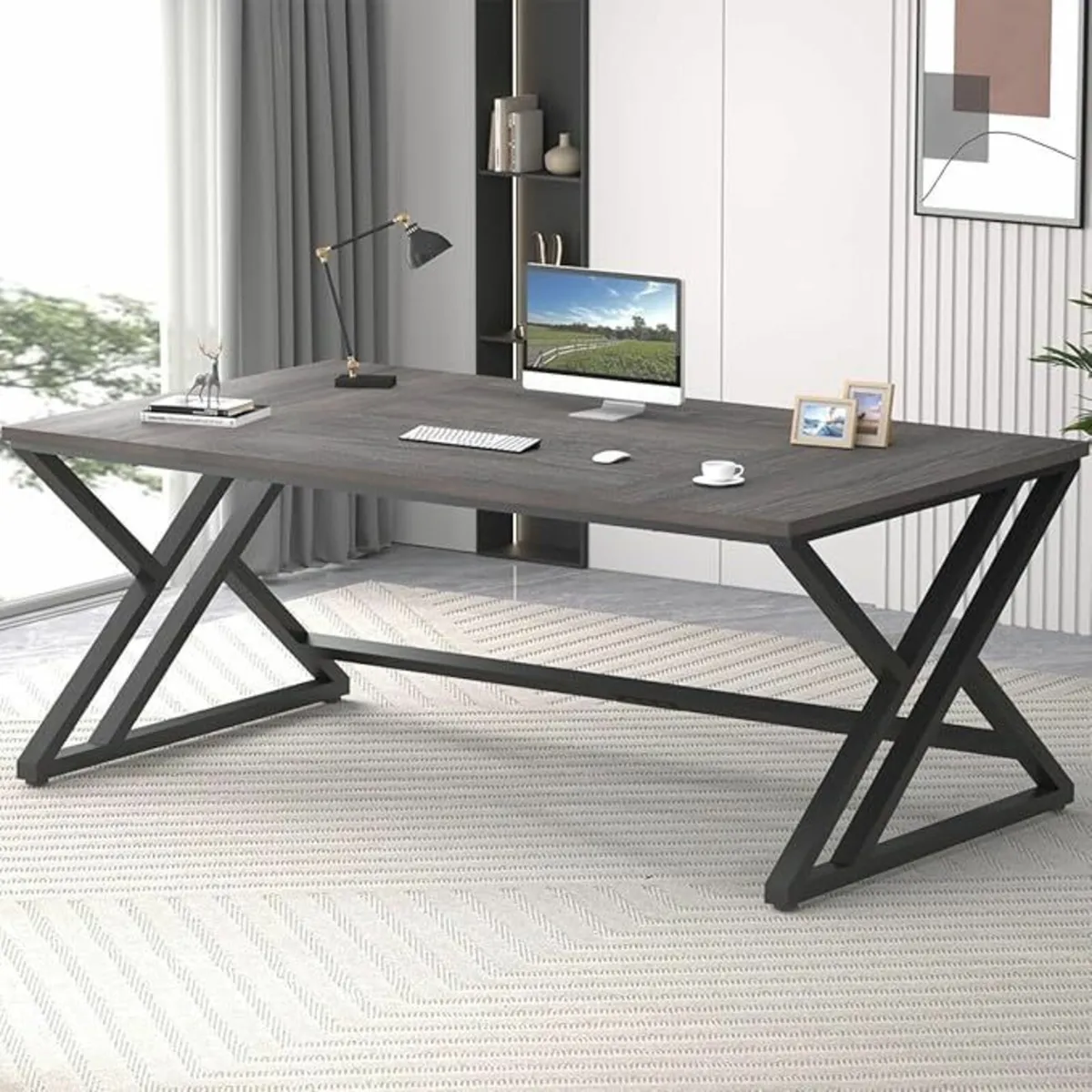 Computer Wood Metal Office Desk 180cm Dark Gray - Image 2