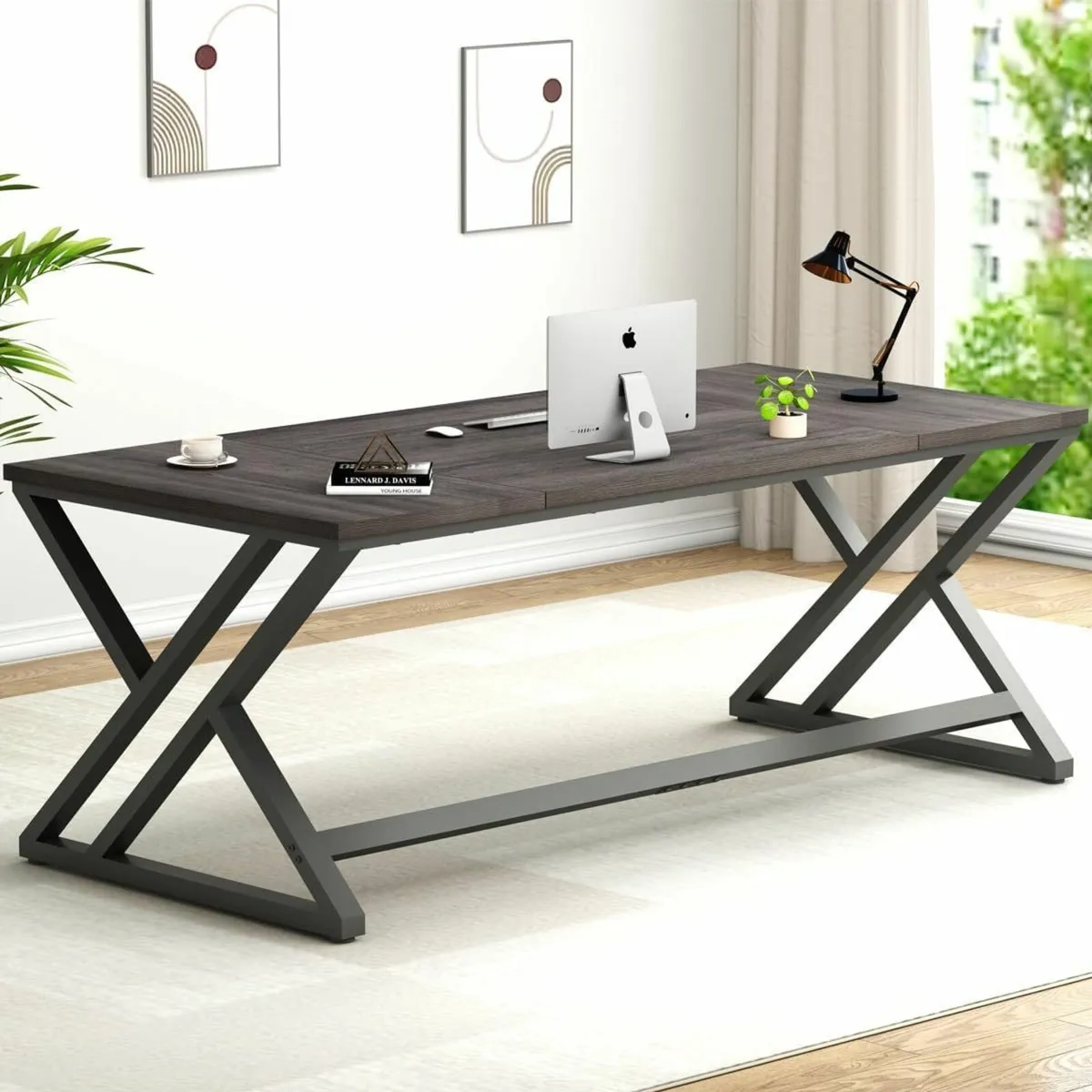Computer Wood Metal Office Desk 180cm Dark Gray - Image 3