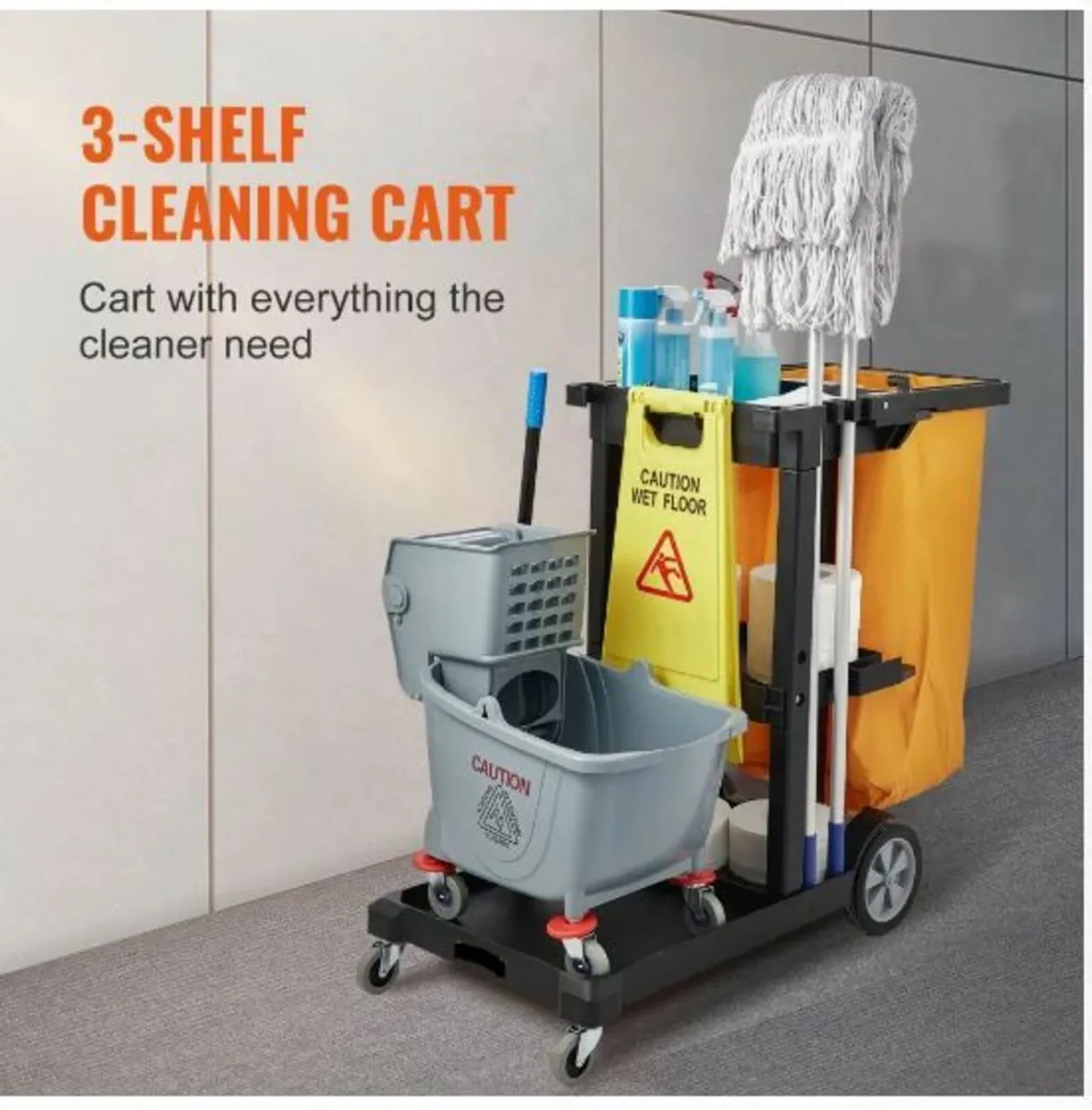 Cleaning Cart, 3-Shelf Commercial - Image 2