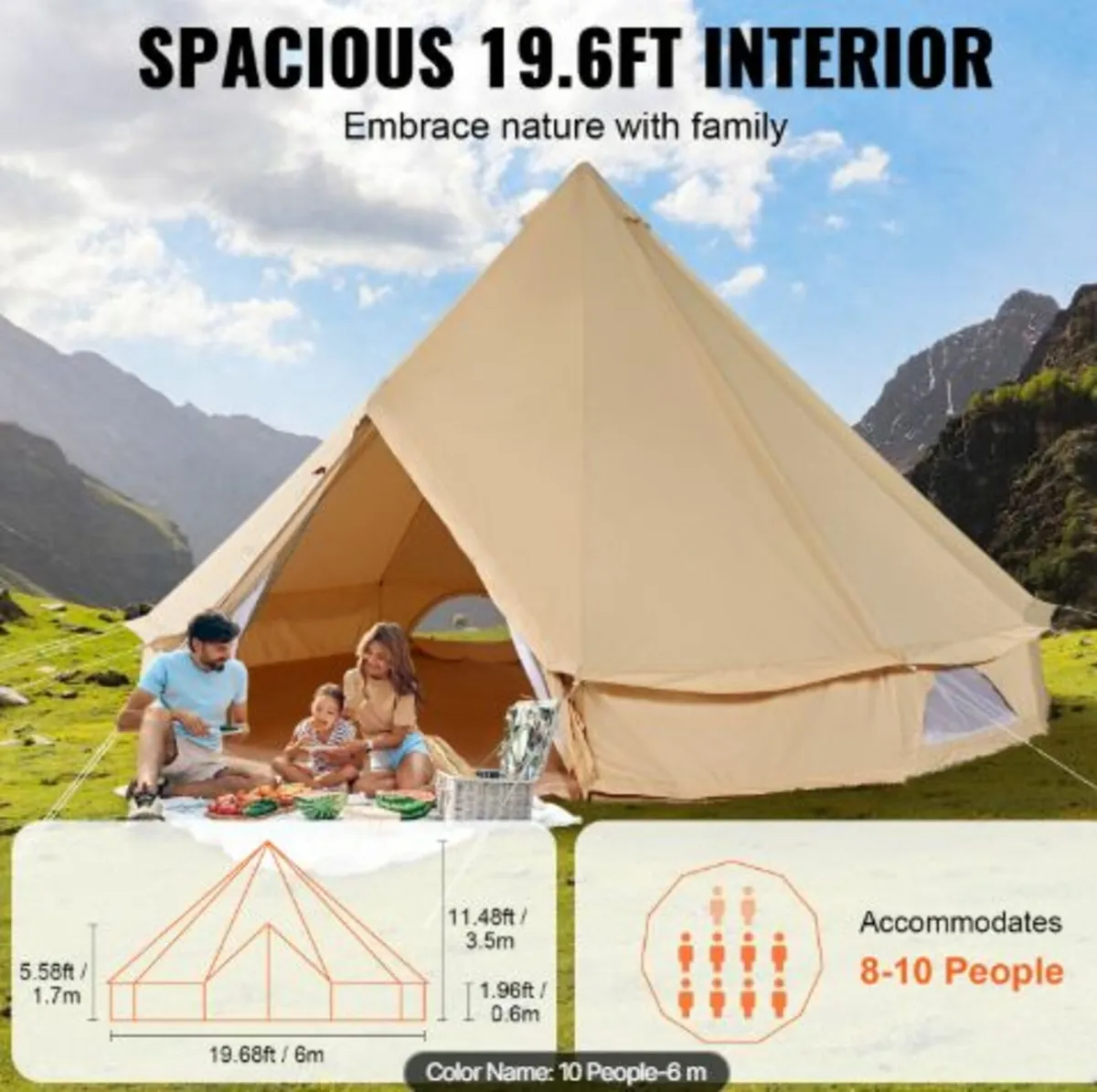 6m Canvas Tent for Camping with Stove Jack - Image 2