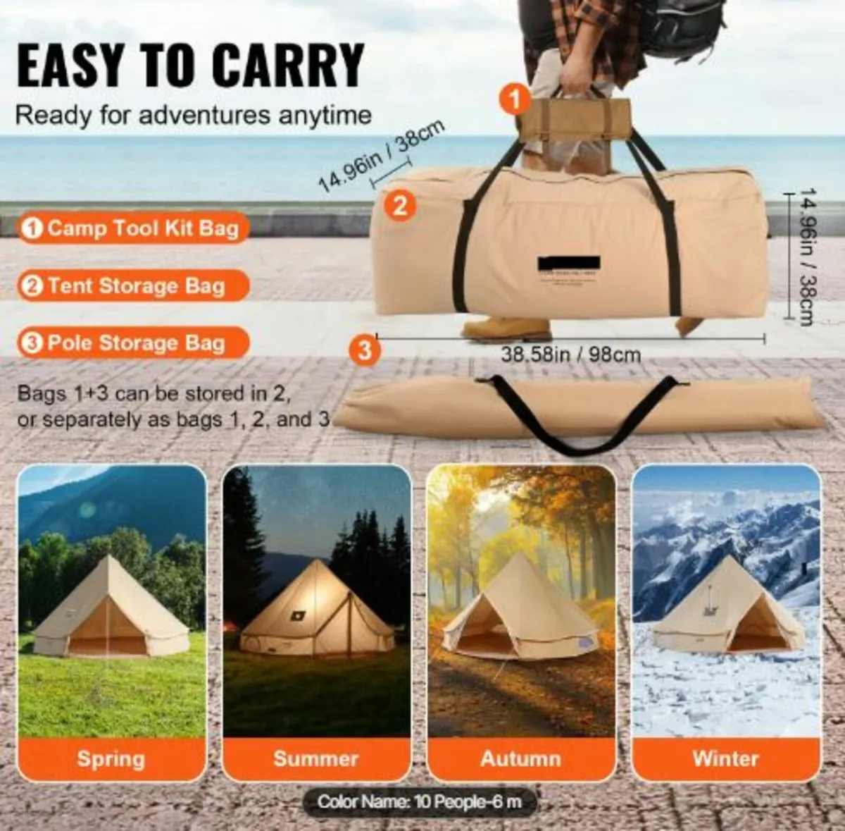 6m Canvas Tent for Camping with Stove Jack - Image 3