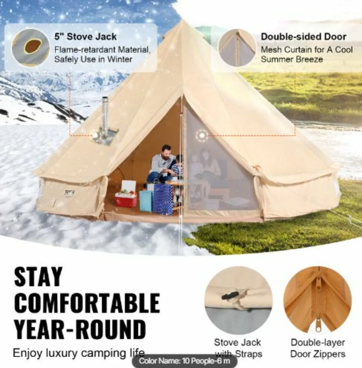 6m Canvas Tent for Camping with Stove Jack - Image 4