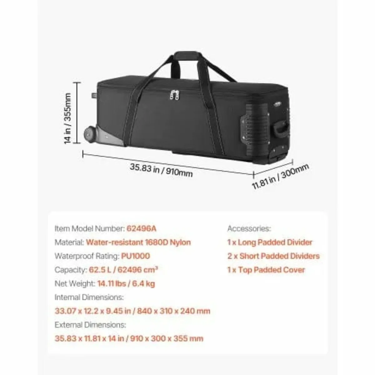 Studio Equipment Trolley Case 910x300x355mm (35.83 - Image 2