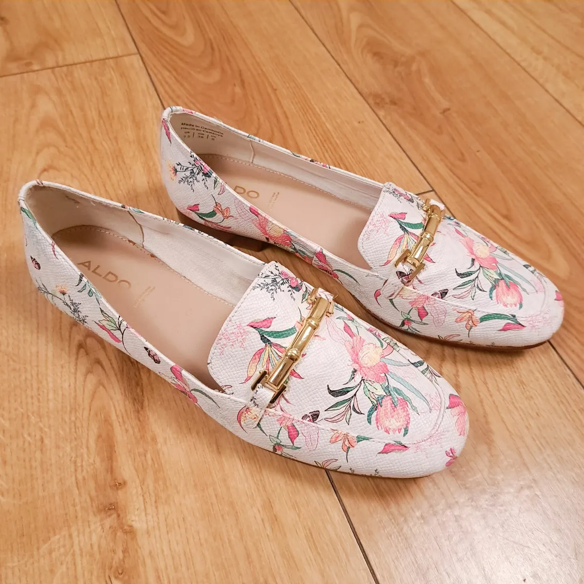 Aldo White Pink Floral Print Loafers Flats 5UK - Image 1