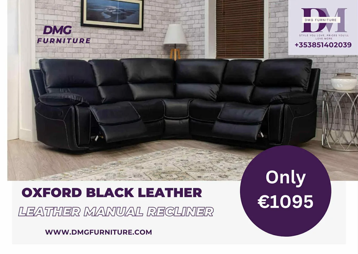 New Oxford Black Leather Corner Sofa Recliner - Image 1