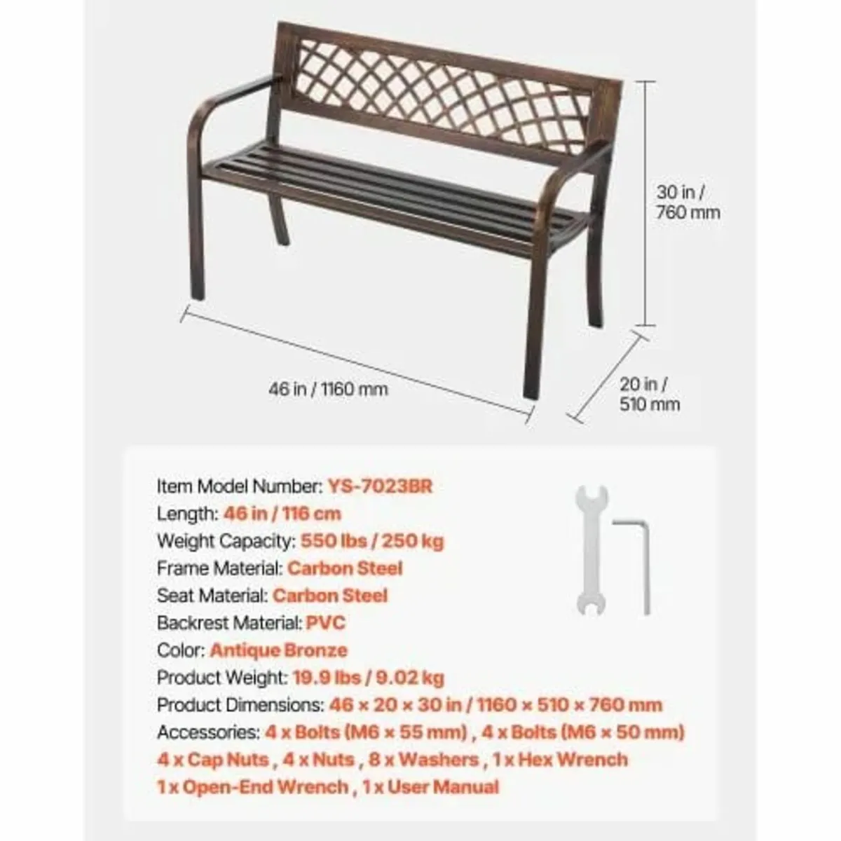 Patio Bench 116 cm Metal Frame PVC Mesh Backrest f - Image 4