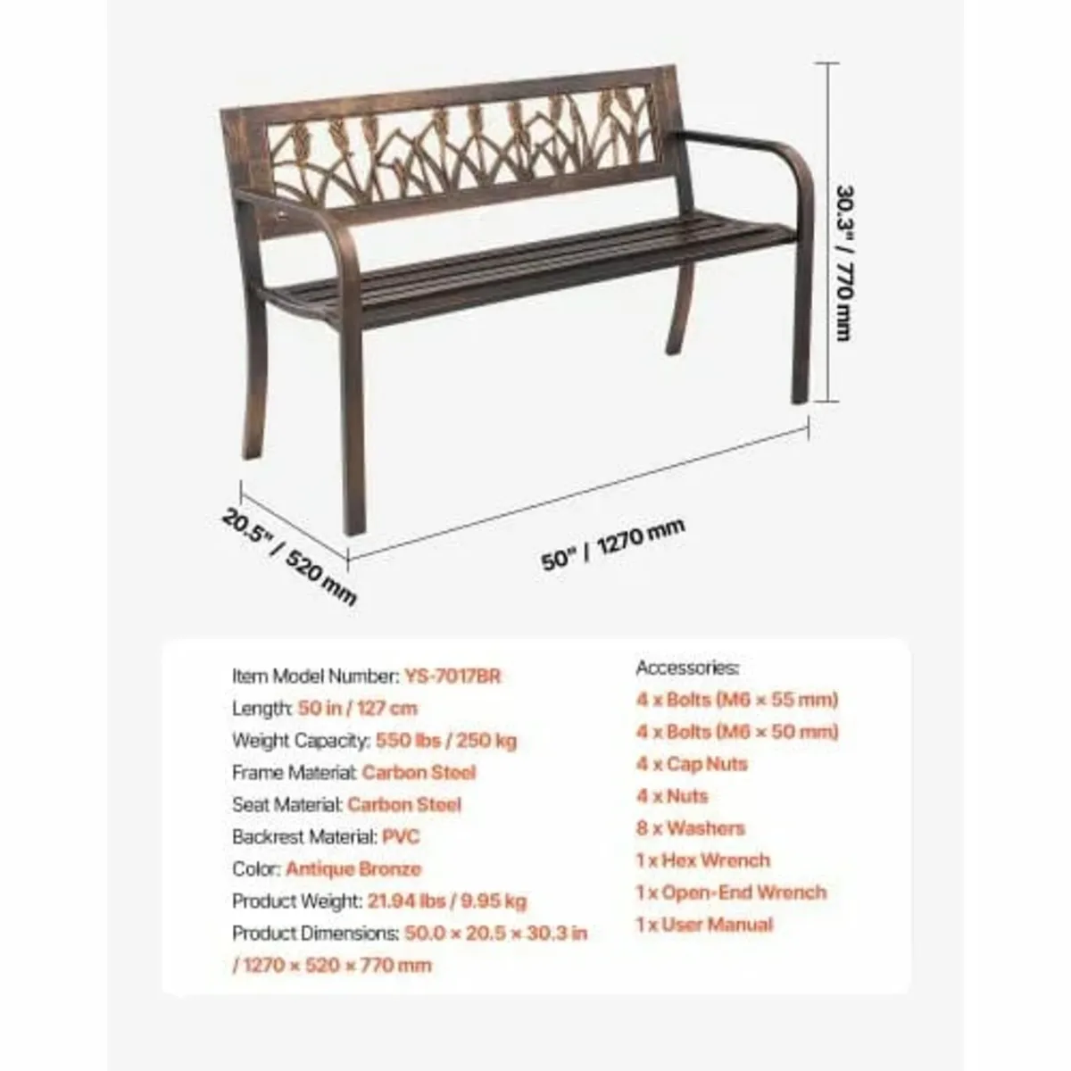 Outdoor Bench Patio Bench 127cm Metal Frame PVC Fl - Image 4