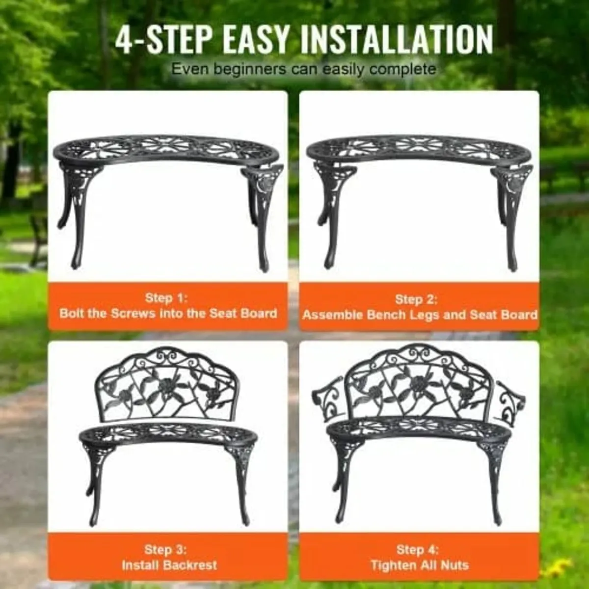 Outdoor Bench, 38.8 inches Metal Garden Bench for - Image 3