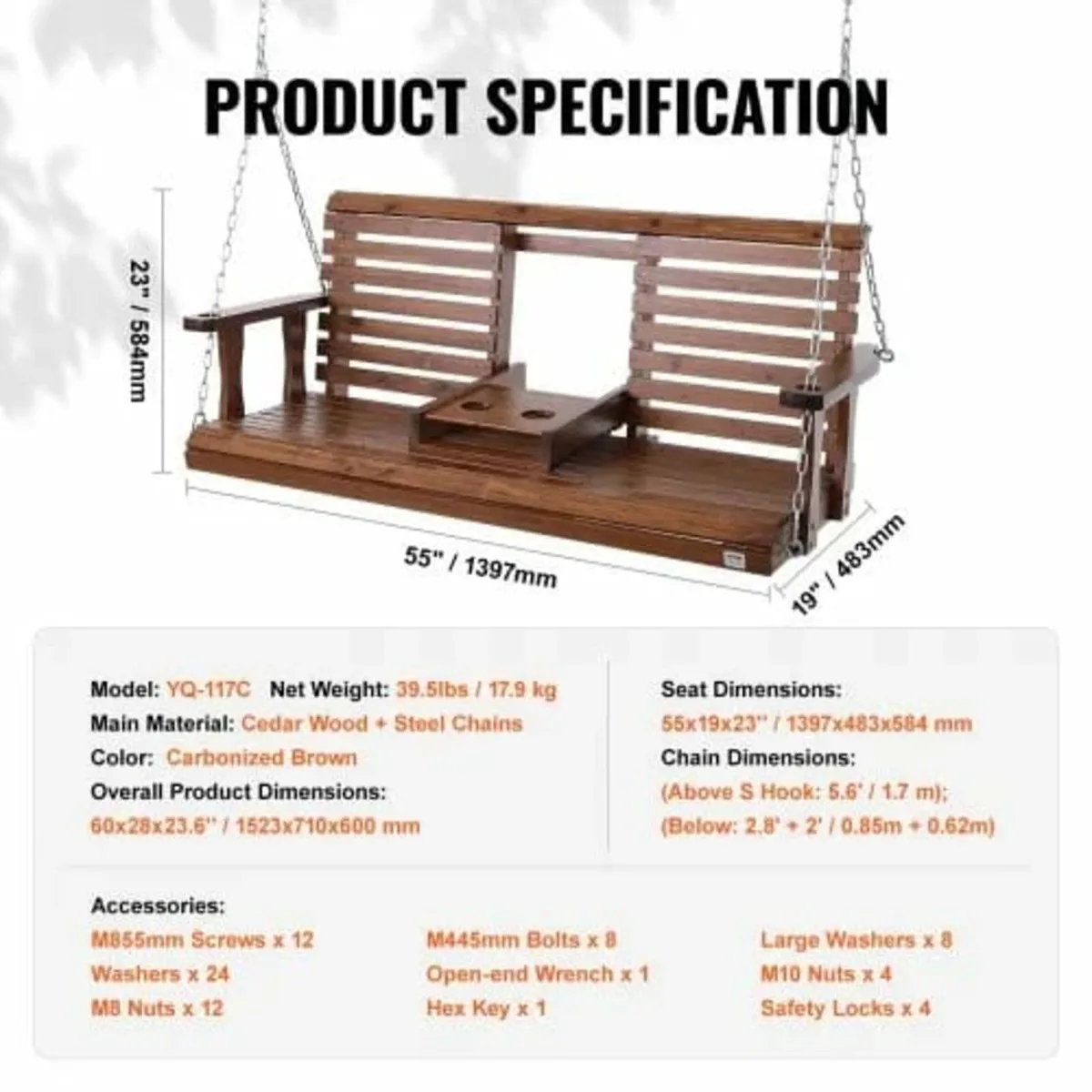 Wooden Porch Swing 5 ft, Patio bench swing for Cou - Image 2