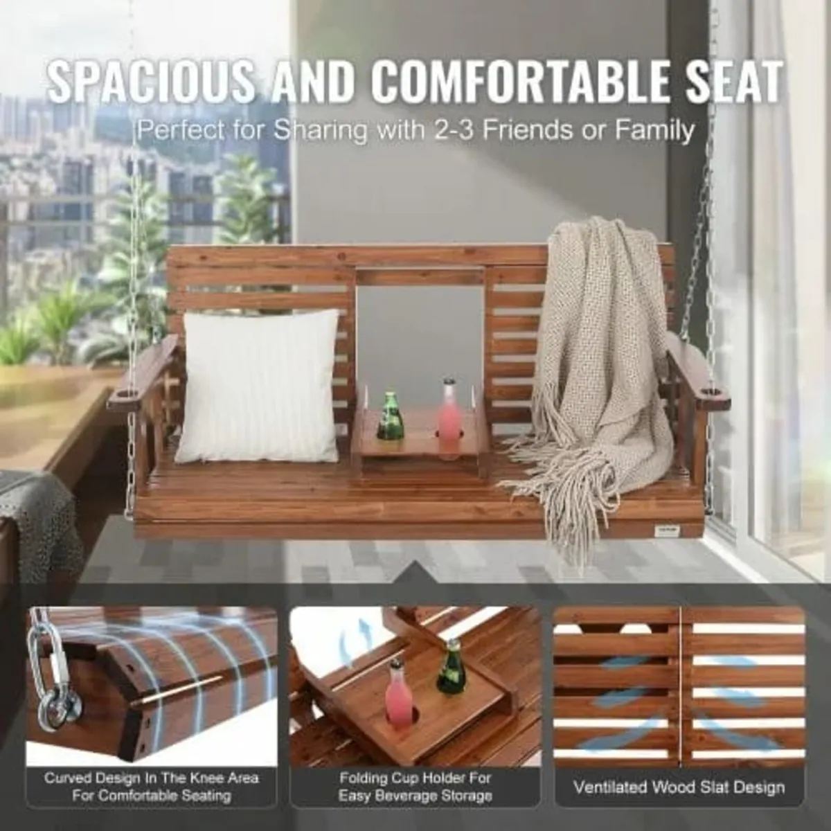 Wooden Porch Swing 5 ft, Patio bench swing for Cou - Image 3