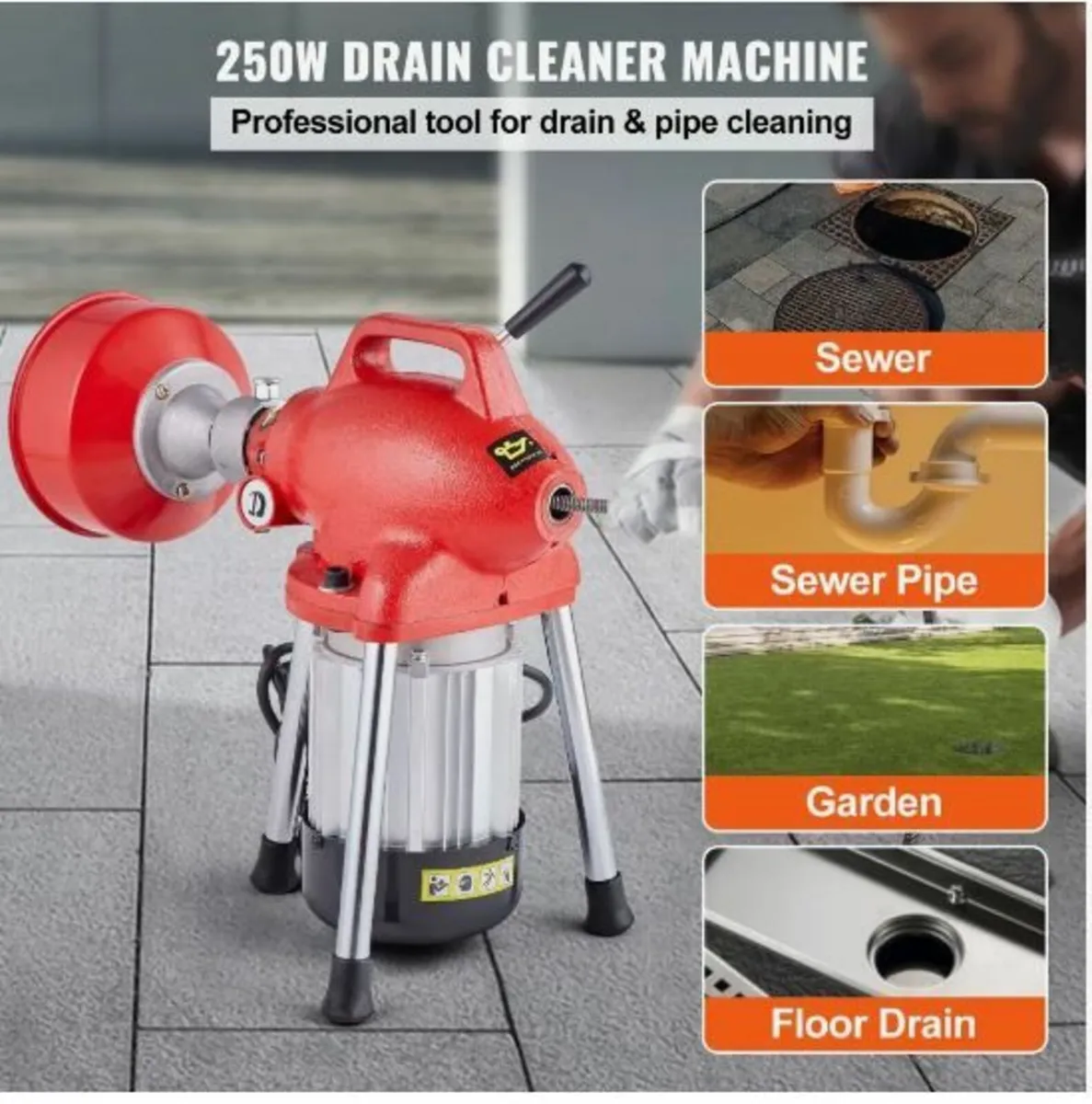 Drain Cleaner Machine 66FT x 5/8 Inch, 250W - Image 2