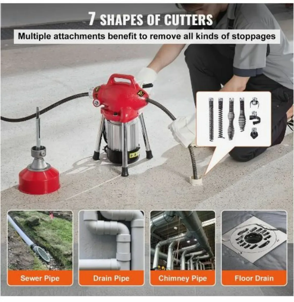 Drain Cleaner Machine 66FT x 5/8 Inch, 250W - Image 3