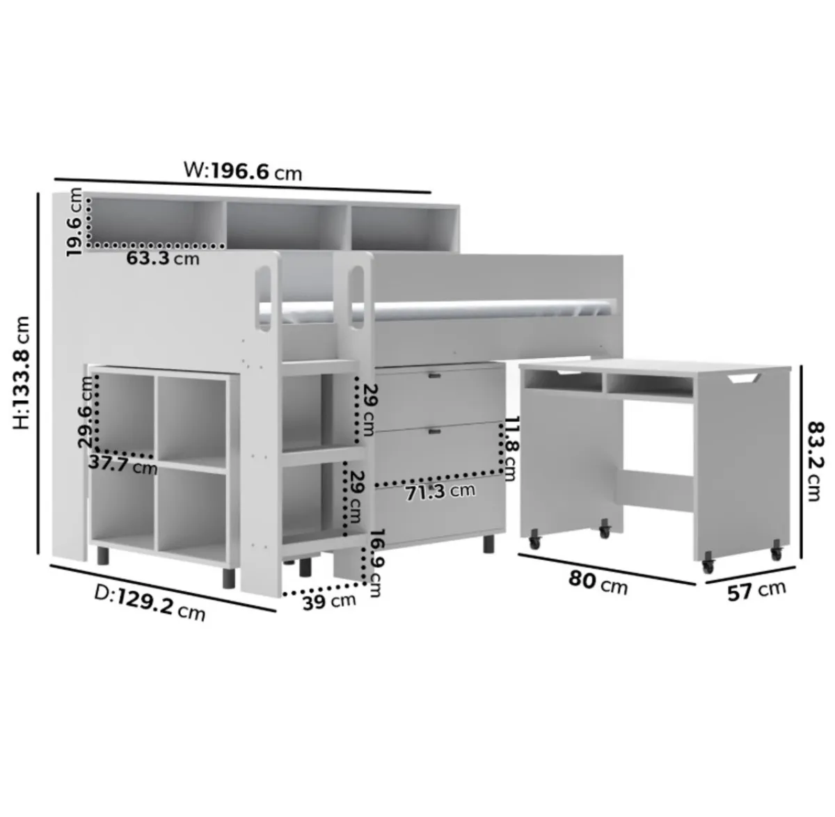 Mid Sleeper Cabin Bed with Desk and Storage - Image 2
