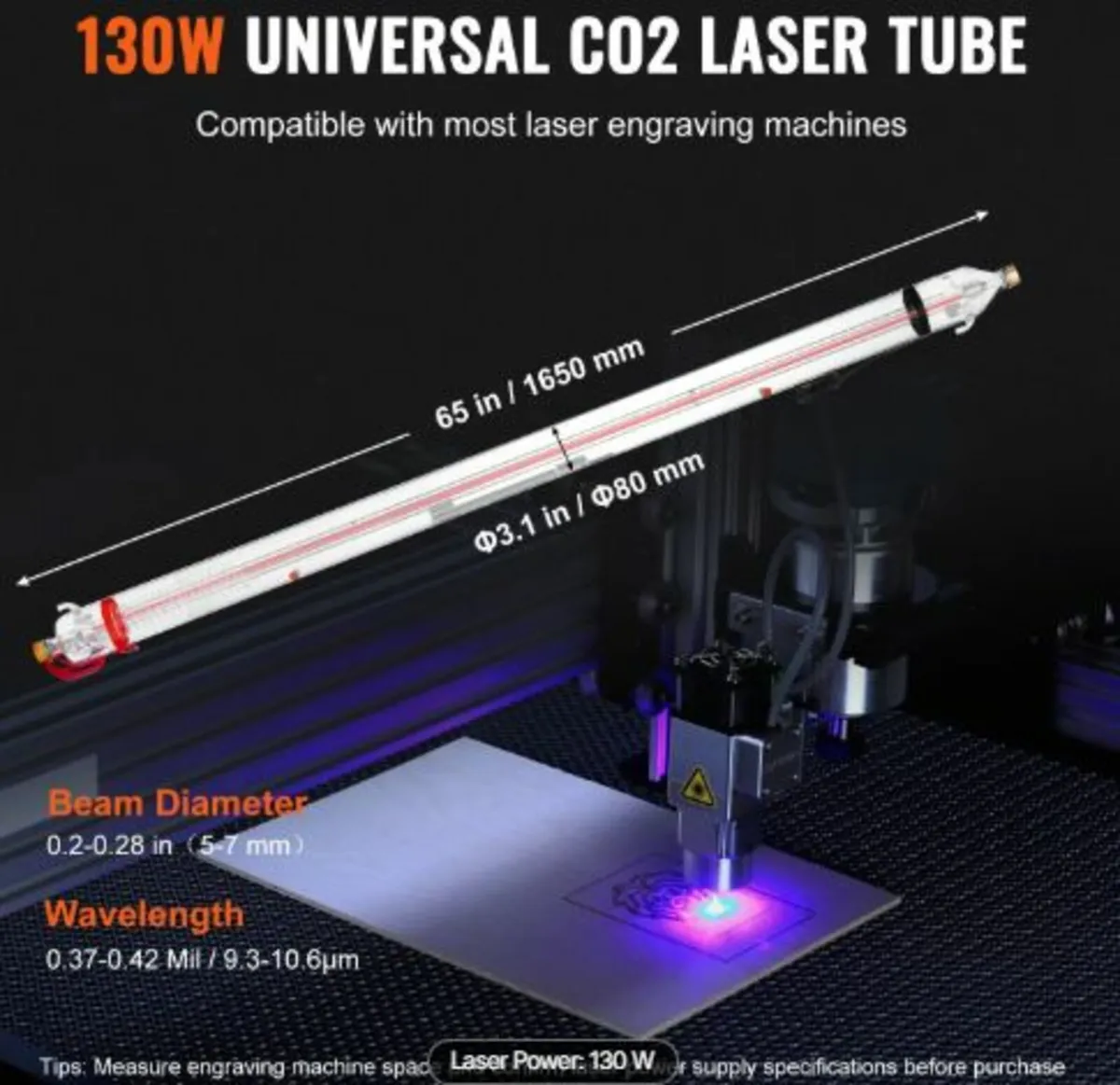 130W CO2 Laser Tube, 65 in (1650 mm) Length, 3.1 - Image 4