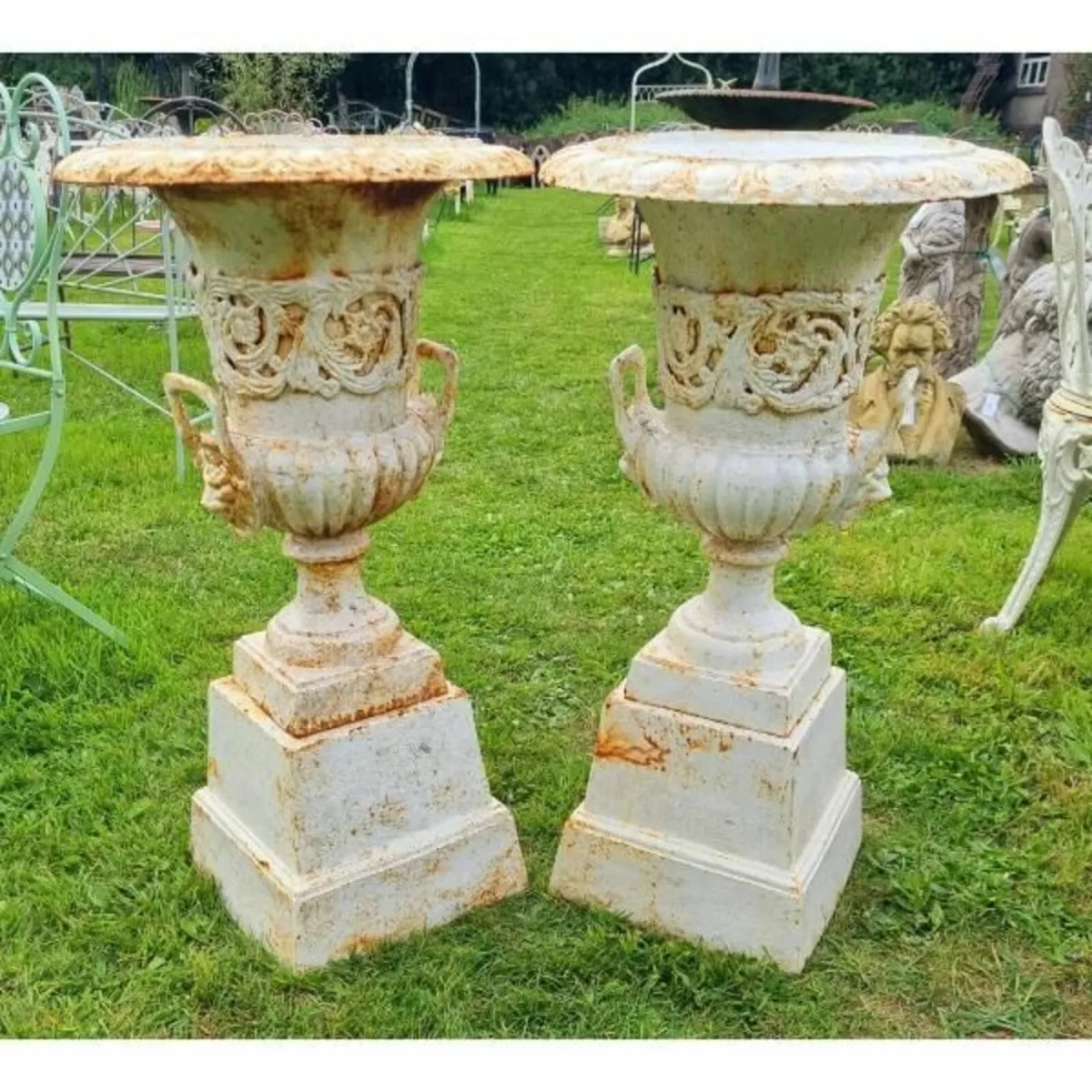 Pair of Cast Iron Urns on Pedestals H321 - Image 1
