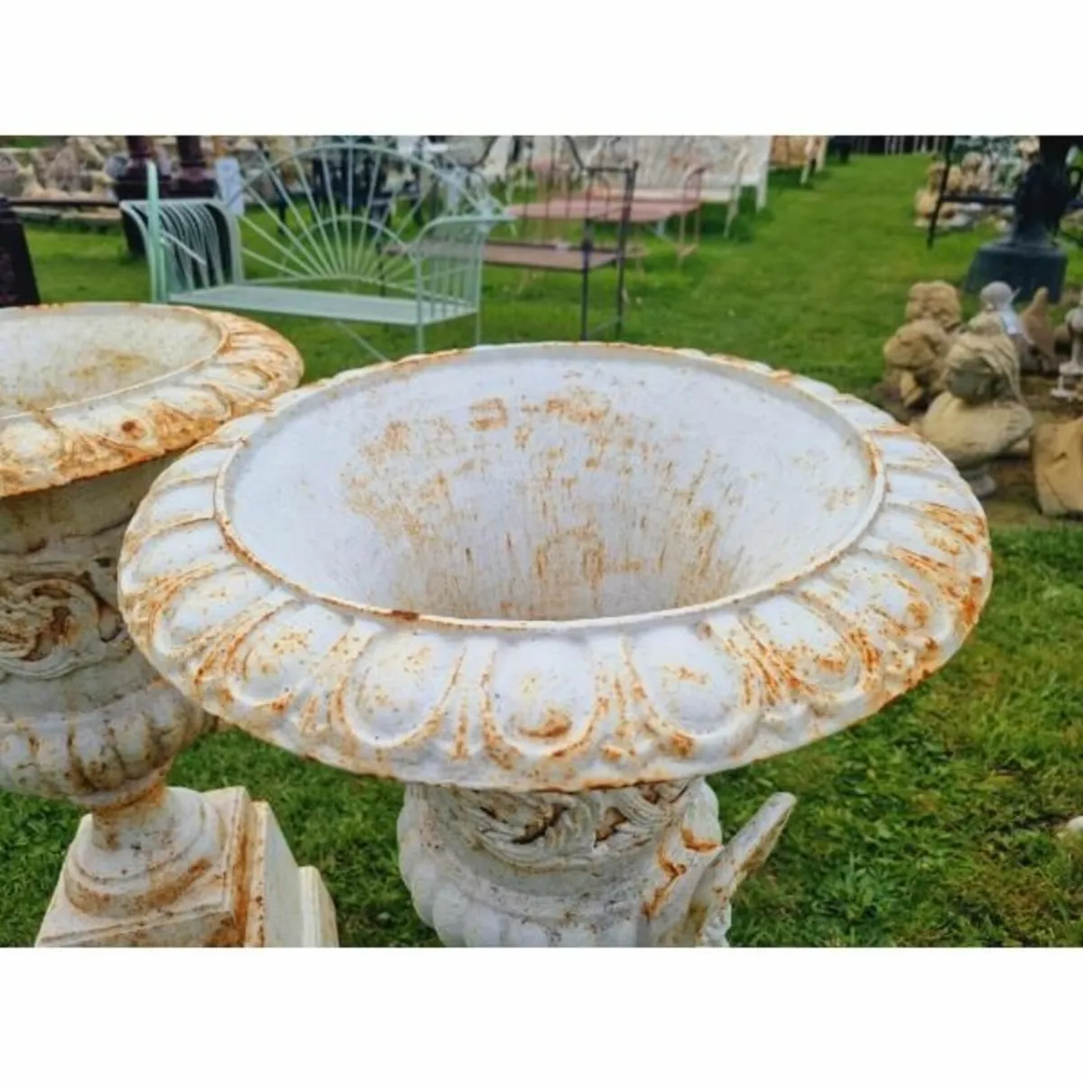 Pair of Cast Iron Urns on Pedestals H321 - Image 3