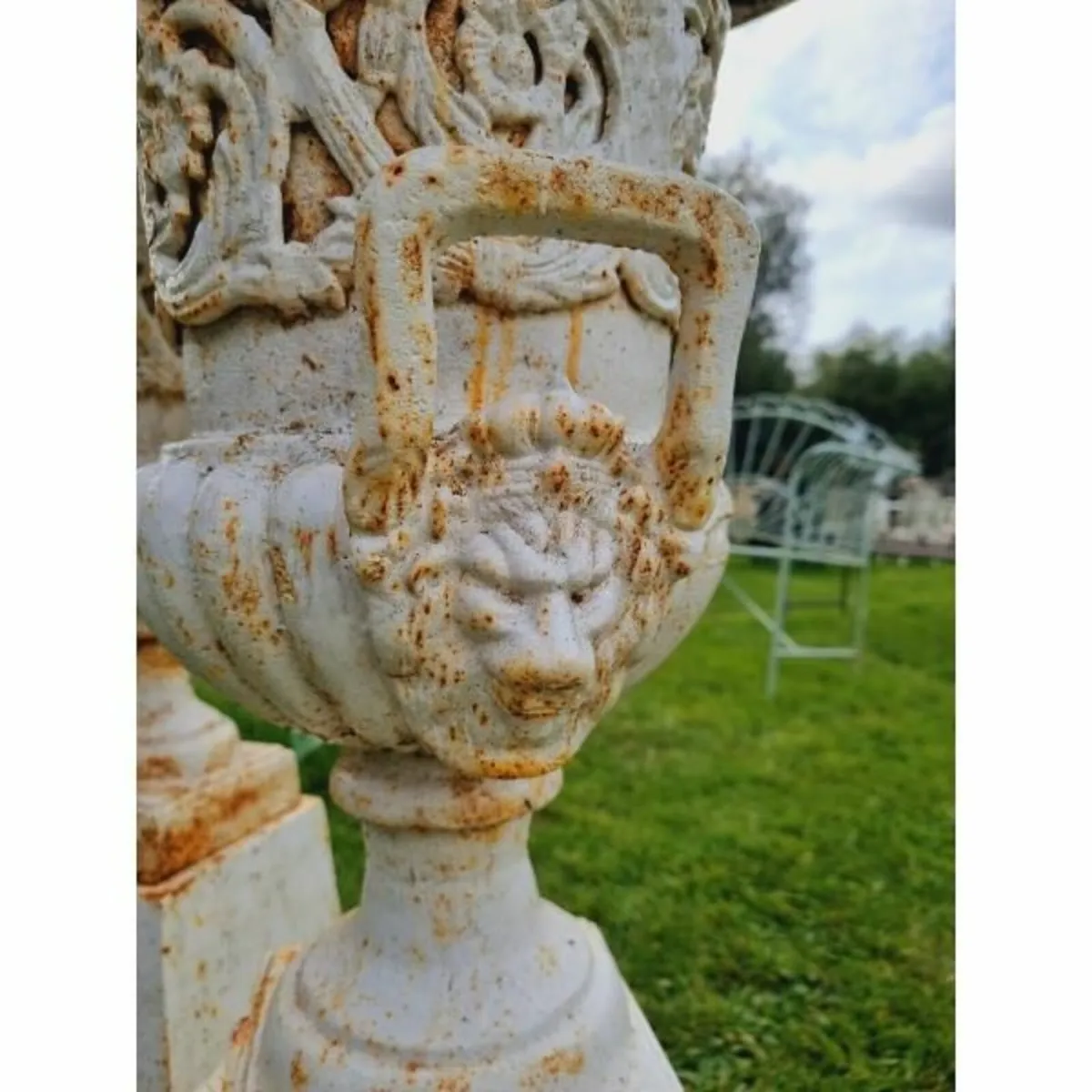 Pair of Cast Iron Urns on Pedestals H321 - Image 4